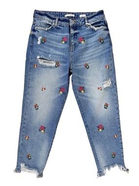 Fracomina Embroidered Flowers Medium Wash Blue Distressed Jeans NWT Size 27